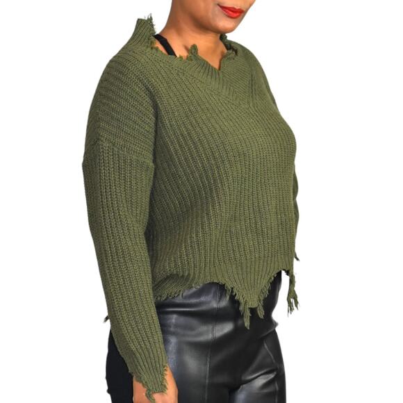 Seek the Label Distressed Sweater Olive Green Ribbed Knit Pullover Size Medium - Picture 7 of 13